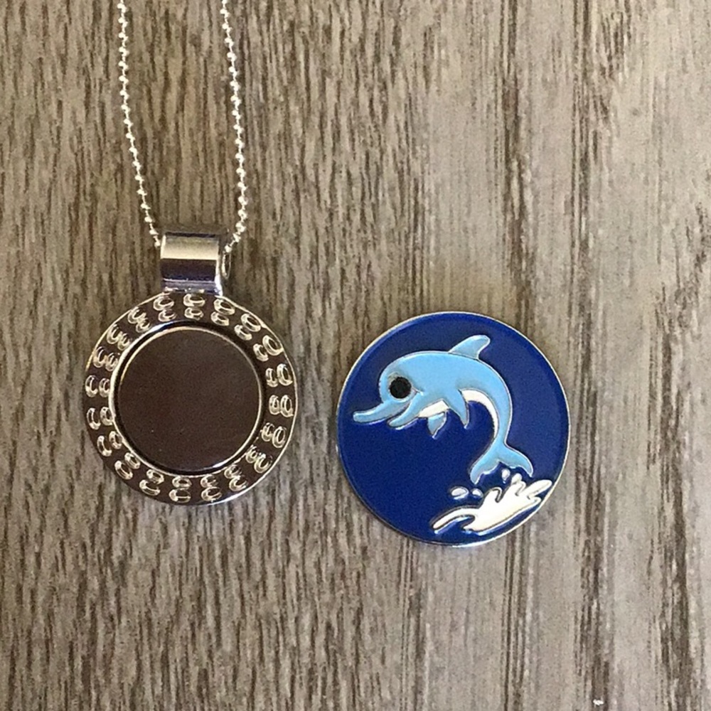 Golf ball marker magnetic necklace. Dolphin coin.